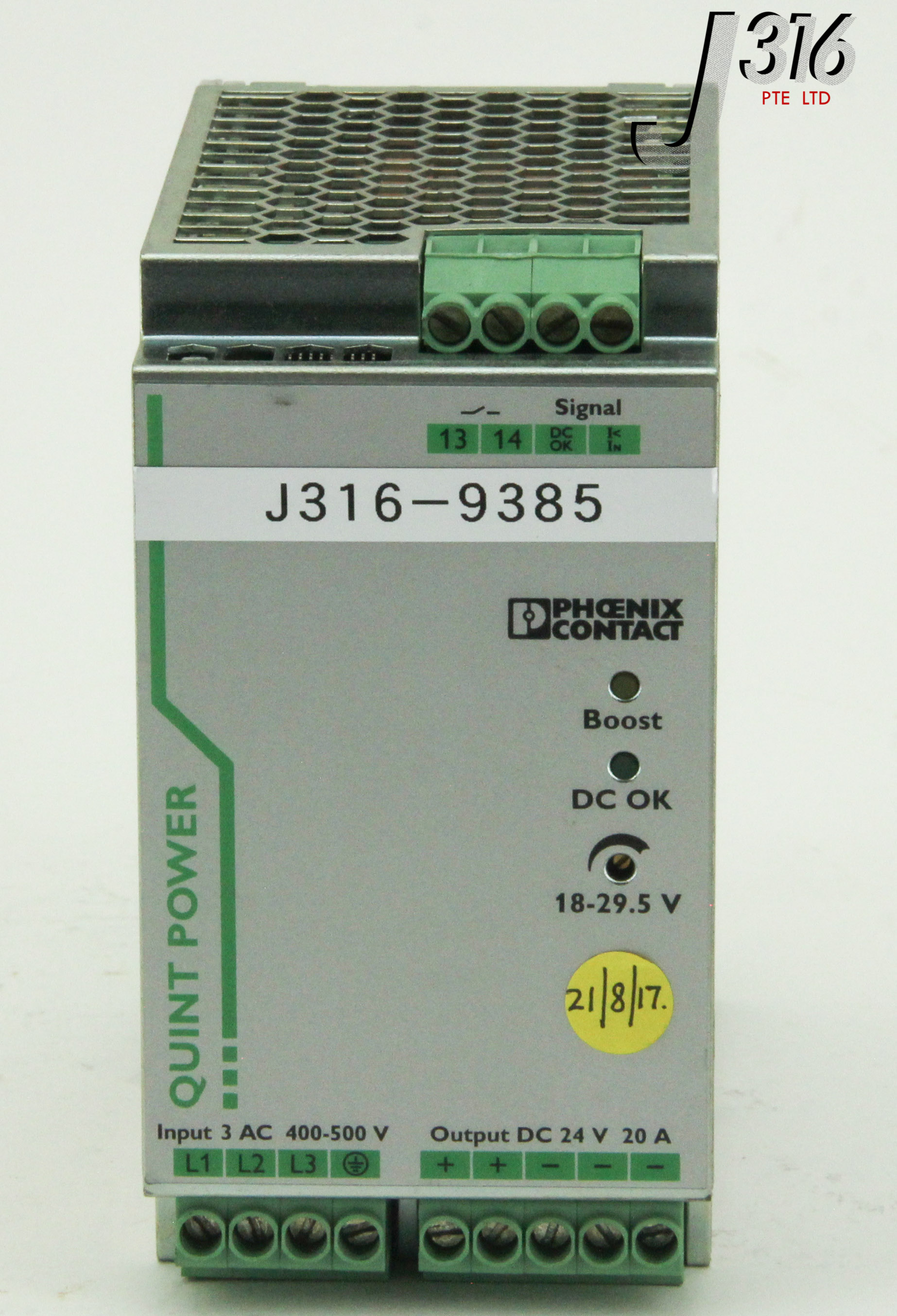 9385 PHOENIX CONTACT POWER SUPPLY, O/P 24VDC 20A, 2866792 QUINT-PS